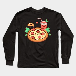 Pepperoni Pizza and Strawberry Drink in Kawaii Style | Kawaii Pizza Party | Pizza and Chill Long Sleeve T-Shirt